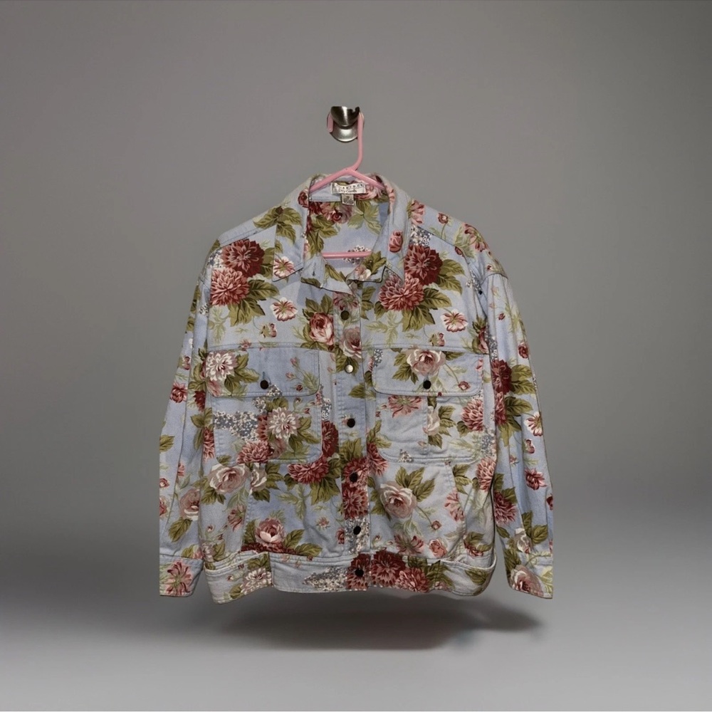 Vintage Floral Print Lantern Sleeve Denim Jacket Cambridge Dry Goods Sz M